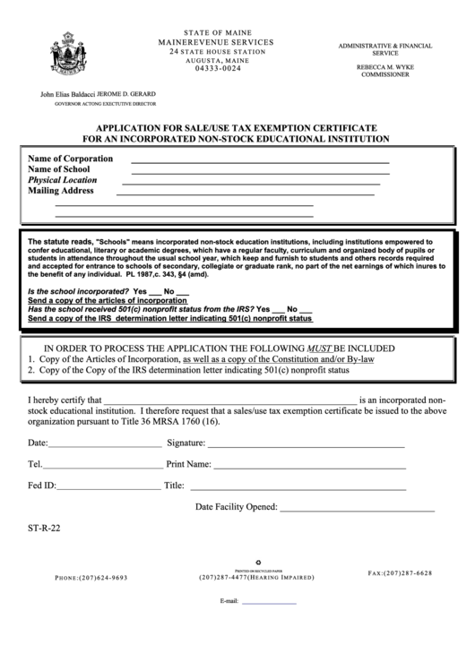 Form St-R-22 - Application For Sale/use Tax Exemption Certificate For An Incorporated Non-Stock Educational Institution Printable pdf