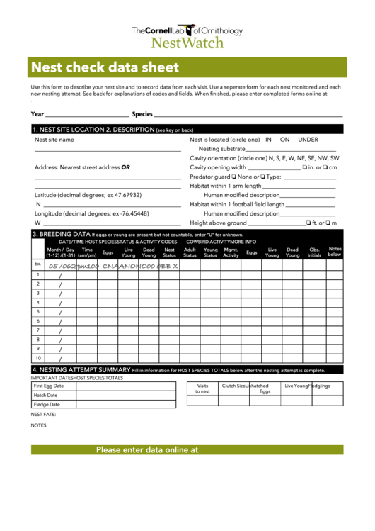 Nest Check Data Sheet Printable pdf