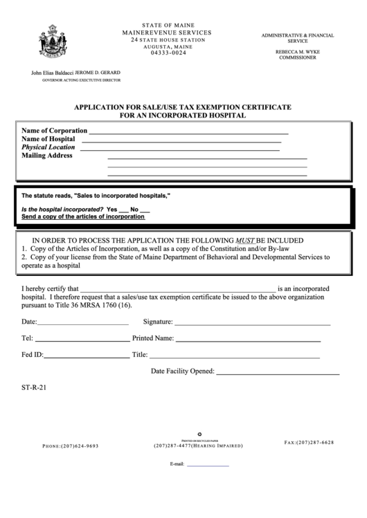 Form St-R-21 - Application For Sale/use Tax Exemption Certificate For An Incorporated Hospital Printable pdf