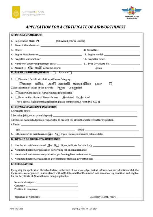 Fillable Application Form For A Certificate Of Airworthiness Printable pdf