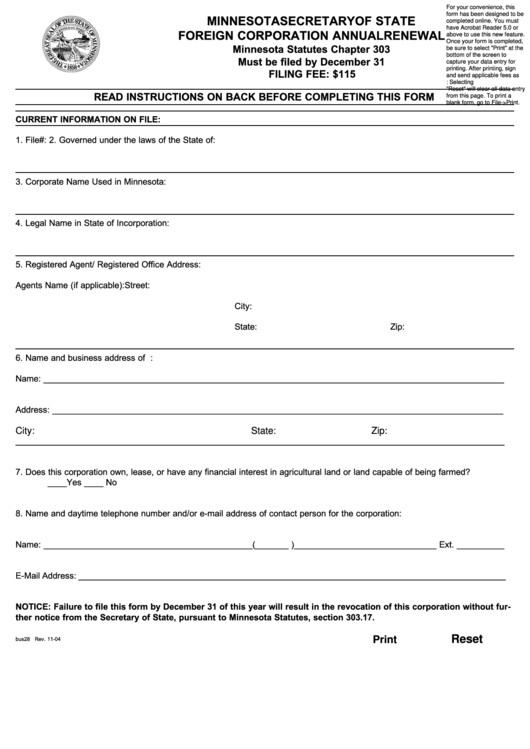 Fillable Foreign Corporation Annual Renewal Form - 2004 Printable pdf