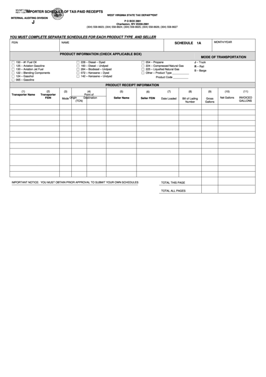 Form Wv/mft-508 A - Importer Schedule Of Tax-Paid Receipts - 2004 Printable pdf