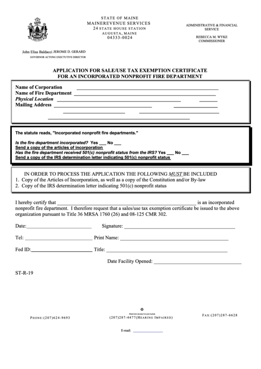 Form St-R-19 - Application For Sale/use Tax Exemption Certificate For An Incorporated Nonprofit Fire Department Printable pdf