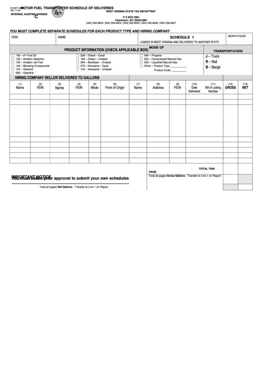 Form Wv/mft-507 A - Motor Fuel Transporter Schedule Of Deliveries - 2004 Printable pdf