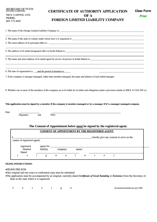 Fillable Certificate Of Authority Application Of A Foreign Limited Liability Company Form (2006) Printable pdf