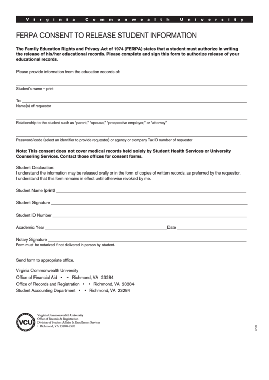 Fillable Ferpa Consent To Release Student Information Form Printable pdf