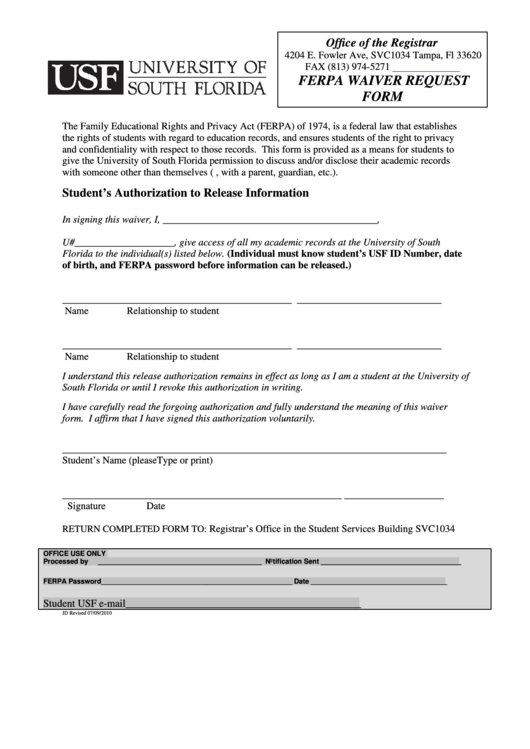 Fillable Ferpa Waiver Request Form Printable pdf