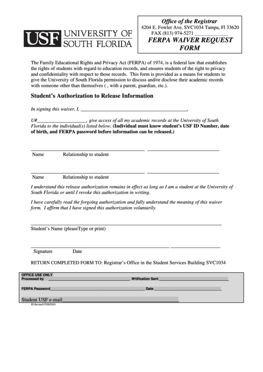 Fillable Ferpa Waiver Request Form Printable Pdf Download