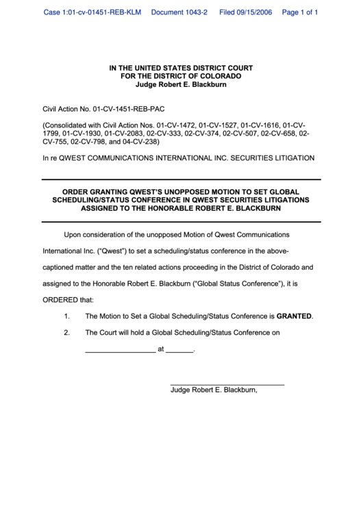 Form 01-Cv-1451-Reb-Pac - In The United States District Court For The District Of Colorado Judge Robert E. Blackburn Printable pdf