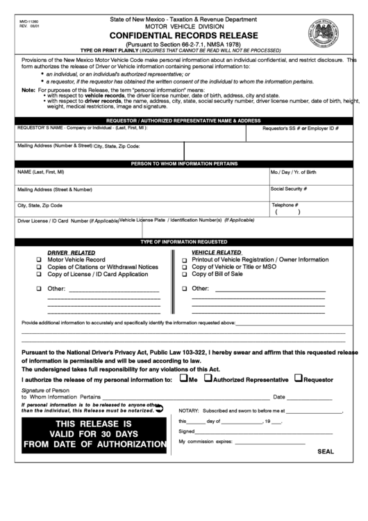 Fillable Form Mvd-11260 - Confidential Records Release Printable pdf