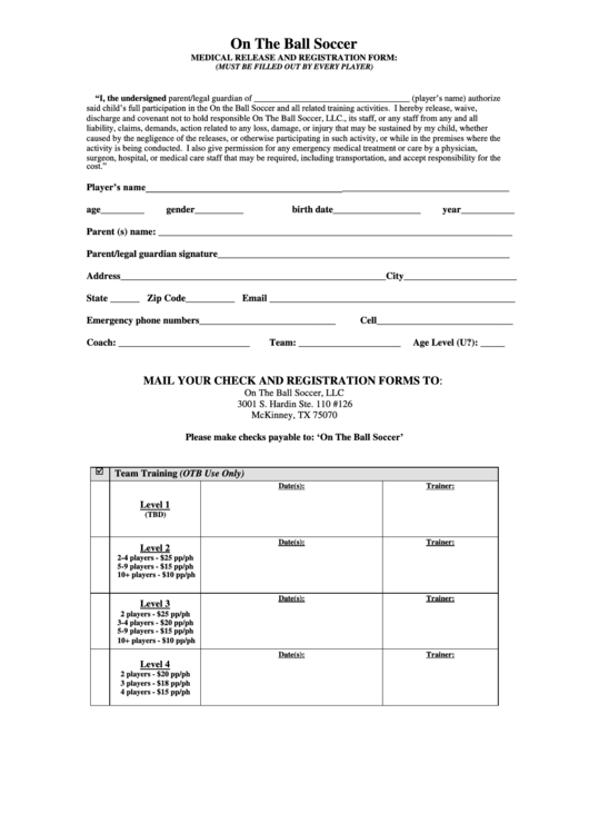 On The Ball Soccer Medical Release And Registration Form Printable pdf