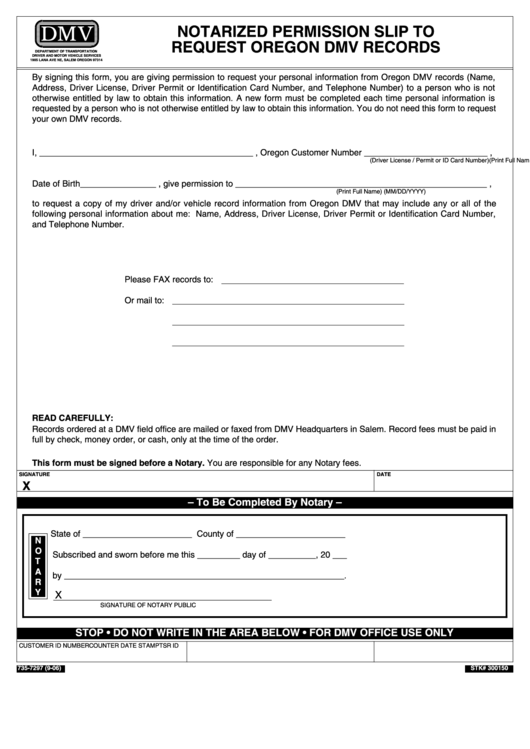 Form 735-7297 - Notarized Permission Slip To Request Oregon Dmv Records printable pdf download