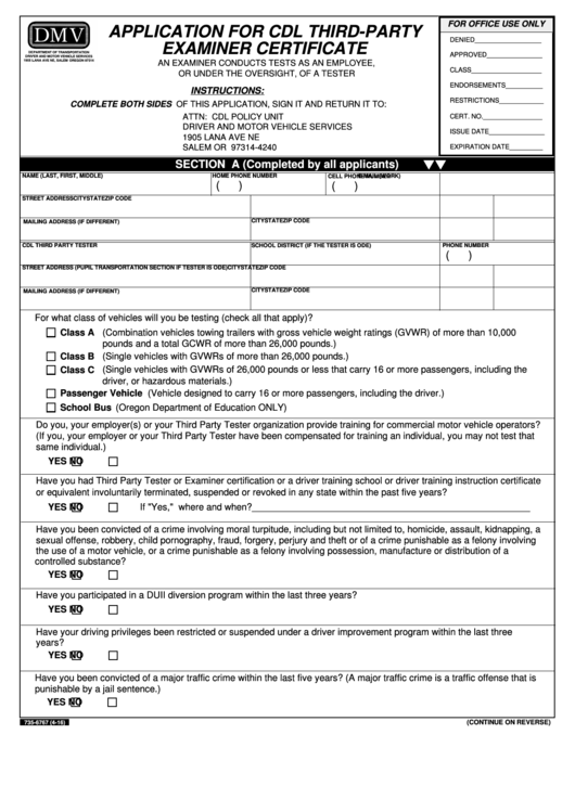 Form 735-6767 - Application For Cdl Third-Party Examiner Certificate Printable pdf