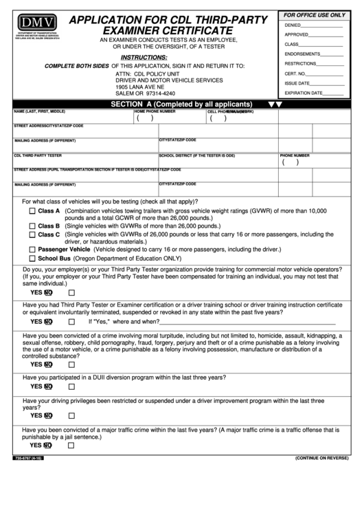 Form 735 6767 Application For Cdl Third Party Examiner Certificate Printable Pdf Download