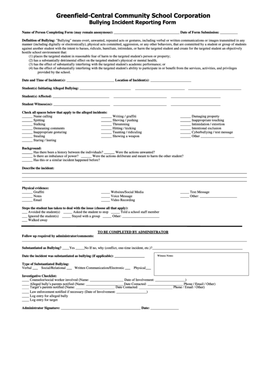 Bullying Incident Reporting Form Printable pdf