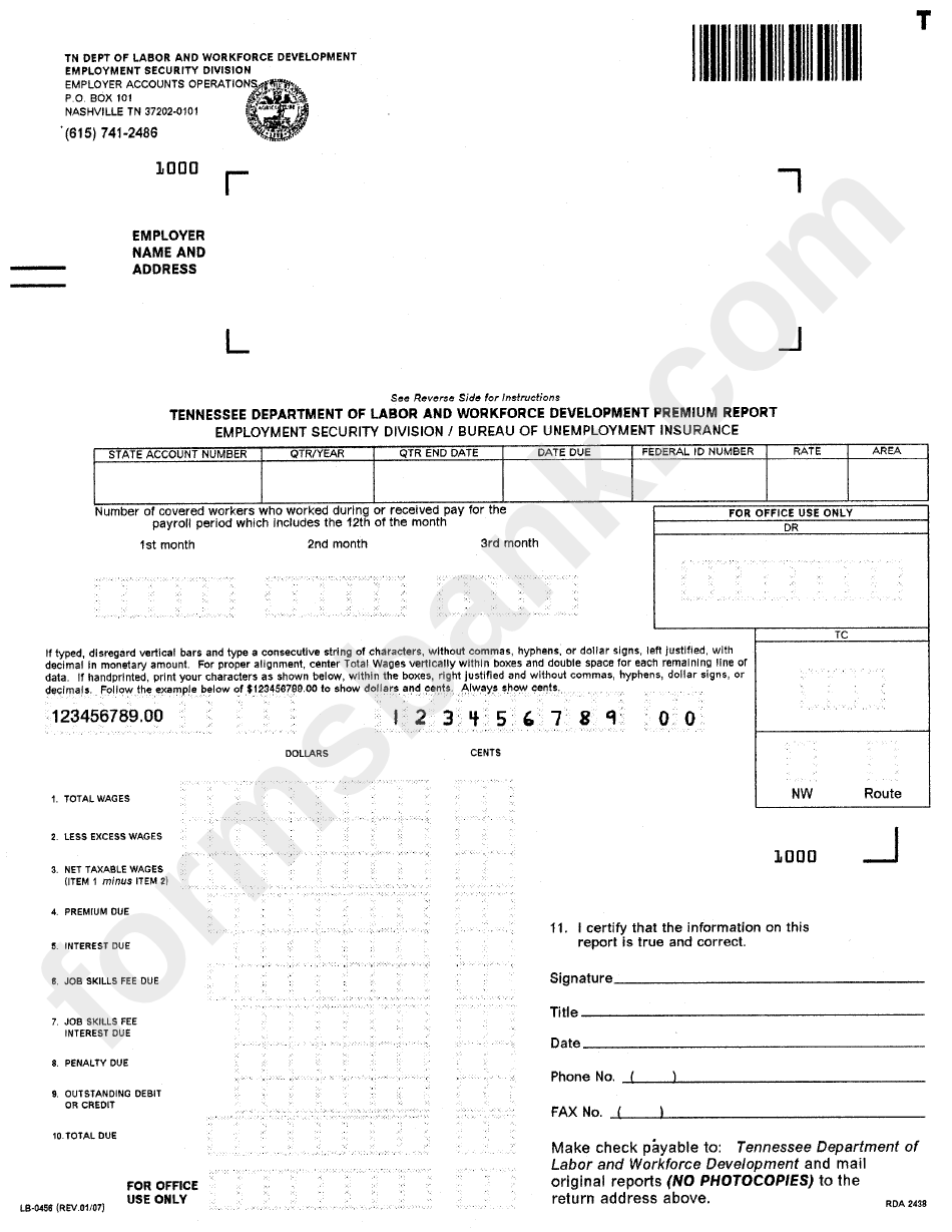 Premium Report Form - Tennessee Department Of Labor And Workforce Development