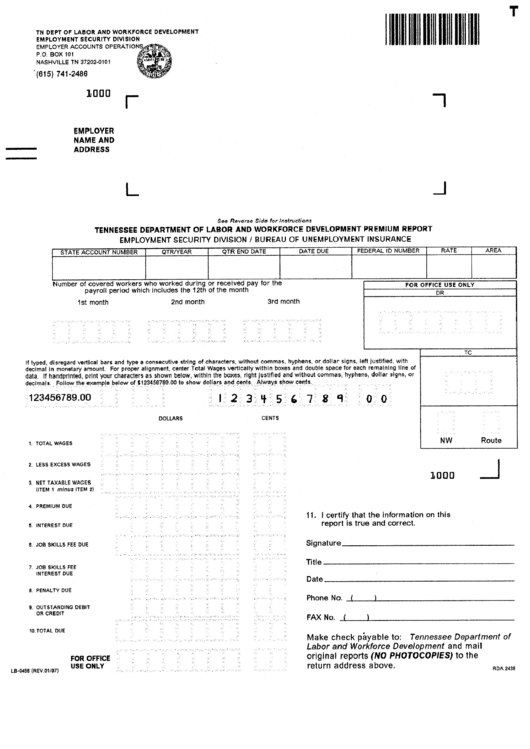 Premium Report Form - Tennessee Department Of Labor And Workforce Development Printable pdf