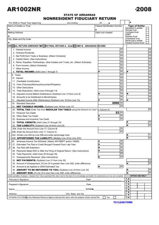 Fillable Form Ar1002nr - Nonresident Fiduciary Return - 2008 Printable pdf