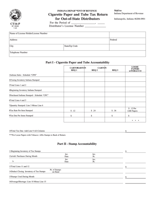 Fillable Form Ct16-P - Cigarette Paper And Tube Tax Return For Out-Of-State Distributors Printable pdf