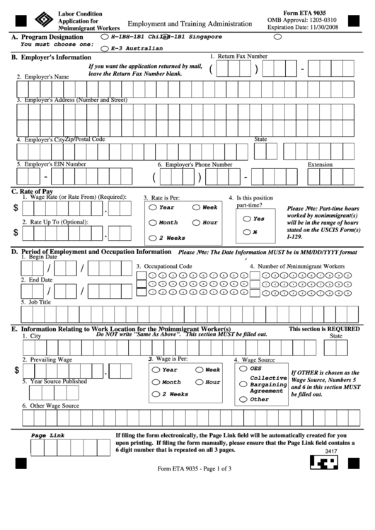 Fillable Form Eta 9035 - Applicationfor Nonimigrant Workers Printable pdf