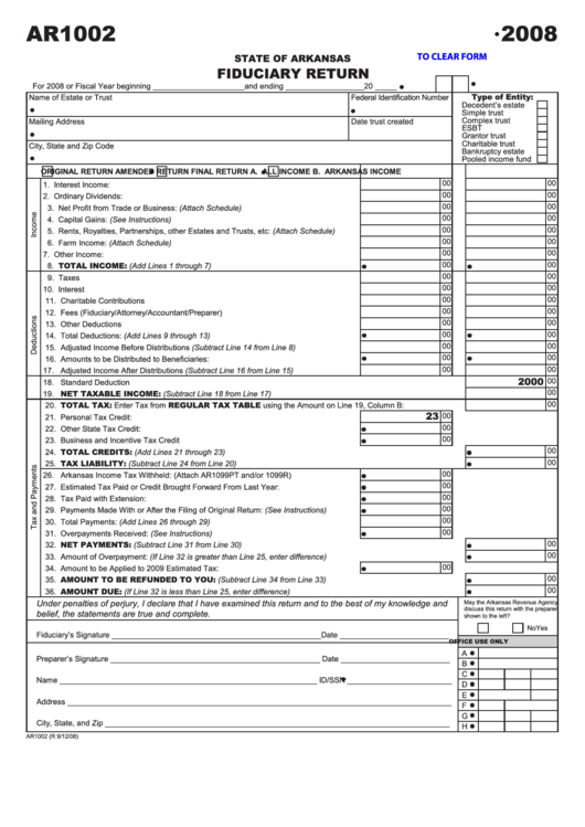 Fillable Form Ar1002 - Fiduciary Return - 2008 Printable pdf