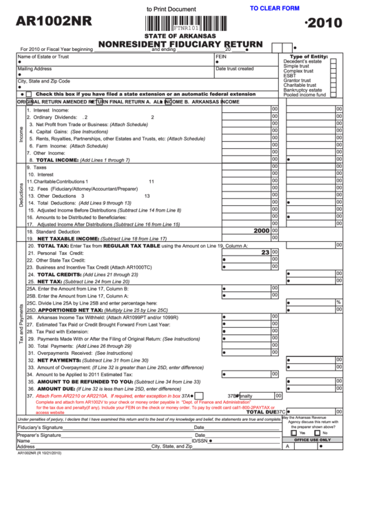 Fillable Form Ar1002nr - Nonresident Fiduciary Return - 2010 Printable pdf