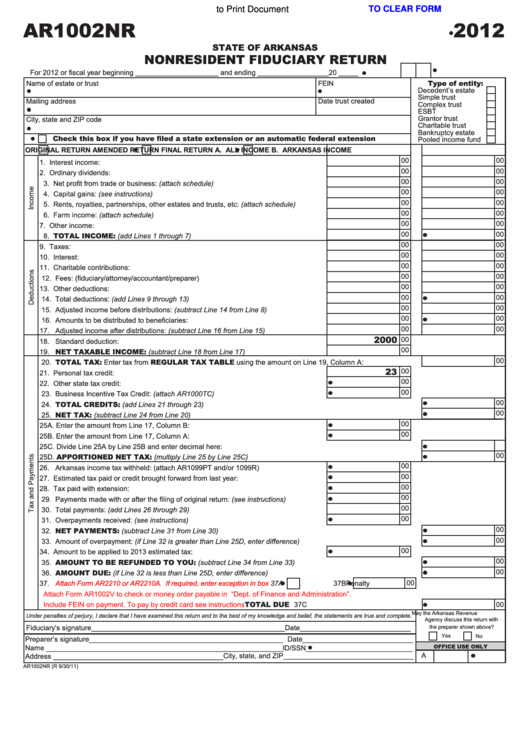 Fillable Form Ar1002nr - Nonresident Fiduciary Return - 2012 Printable pdf