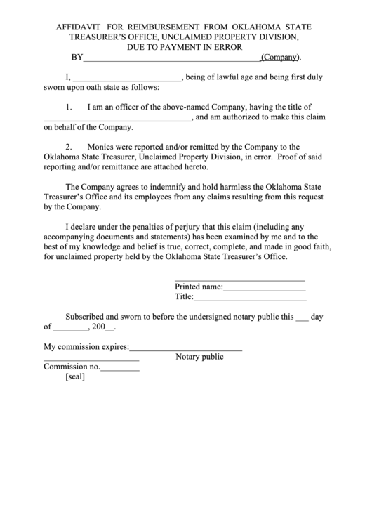 Form - Affidavit For Reimbursement From Oklahoma State Treasurer