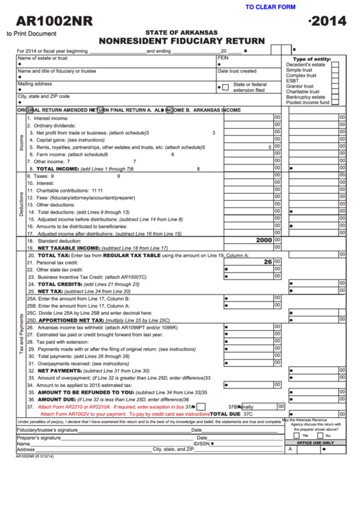 Fillable Form Ar1002nr - Nonresident Fiduciary Return - 2014 Printable pdf