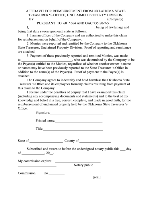 Form Affidavit For Reimbursement From Oklahoma State Treasurer