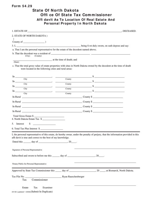 Fillable Form 54.29 - Affidavit As To Location Of Real Estate And Personal Property In North Dakota - 2006 Printable pdf