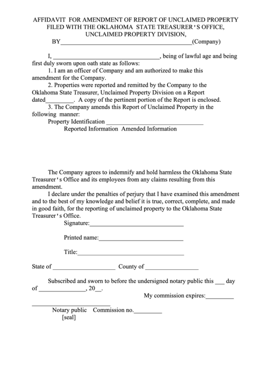 Fillable Form - Affidavit For Amendment Of Report Of Unclaimed Property Filed With The Oklahoma State Treasurer