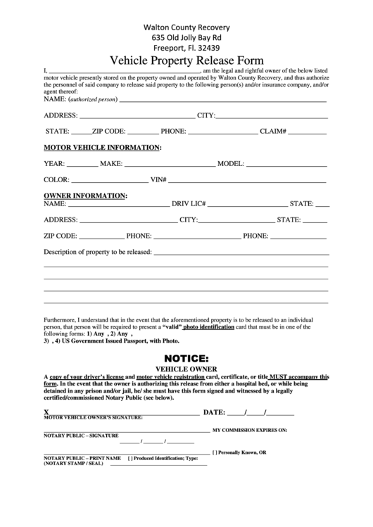 Vehicle Property Release Form Printable pdf