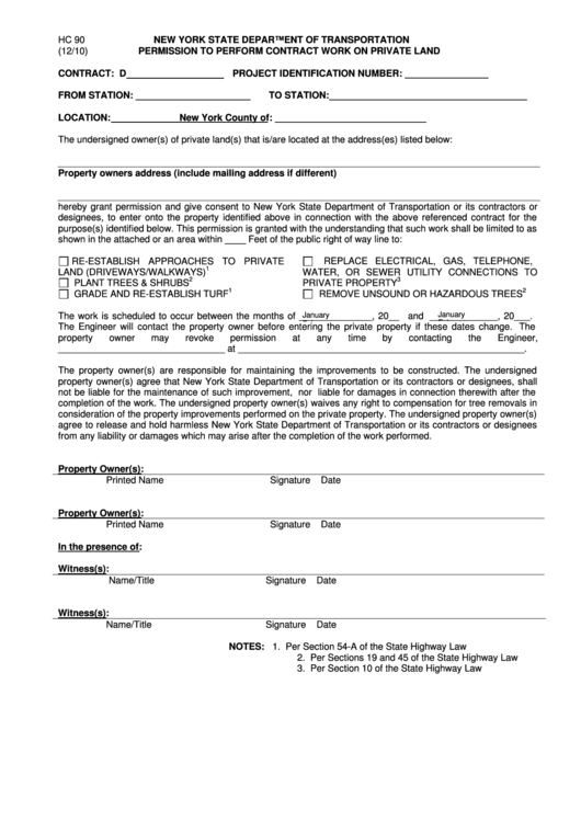 Fillable Form Hc 90 - Permission To Perform Contract Work On Private Land Printable pdf