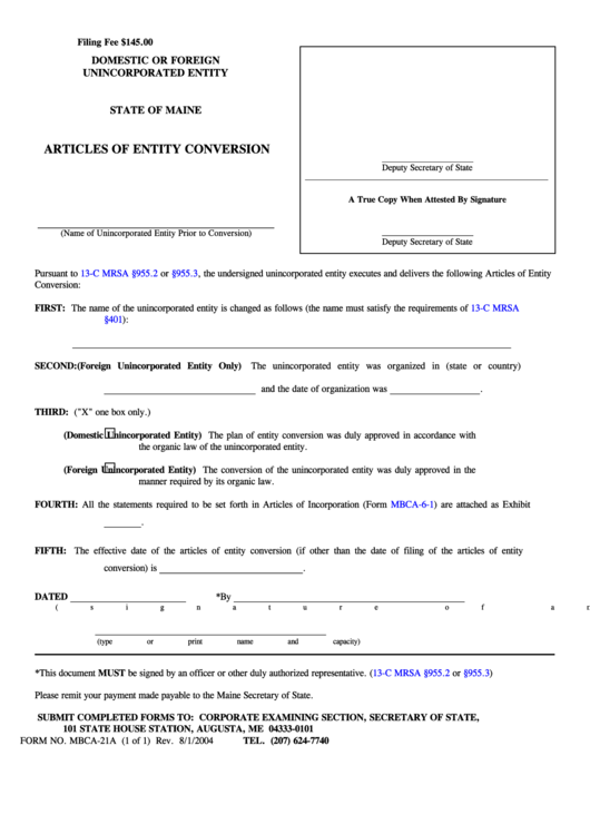 Fillable Form Mbca-21a - Articles Of Entity Conversion - Maine Secretary Of State Printable pdf