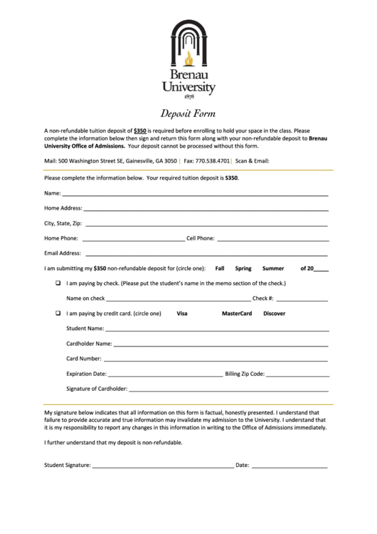 Deposit Form For Non-Refundable Tuition Deposit Printable pdf