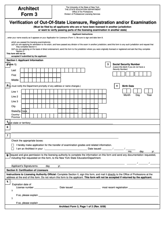 Form 3 - Verification Of Out-Of-State Licensure, Registration And Examination Printable pdf