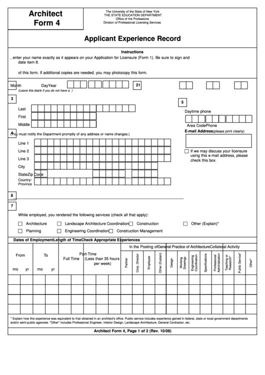 Architecture Form 4 - Applicant Experience Verification Printable pdf