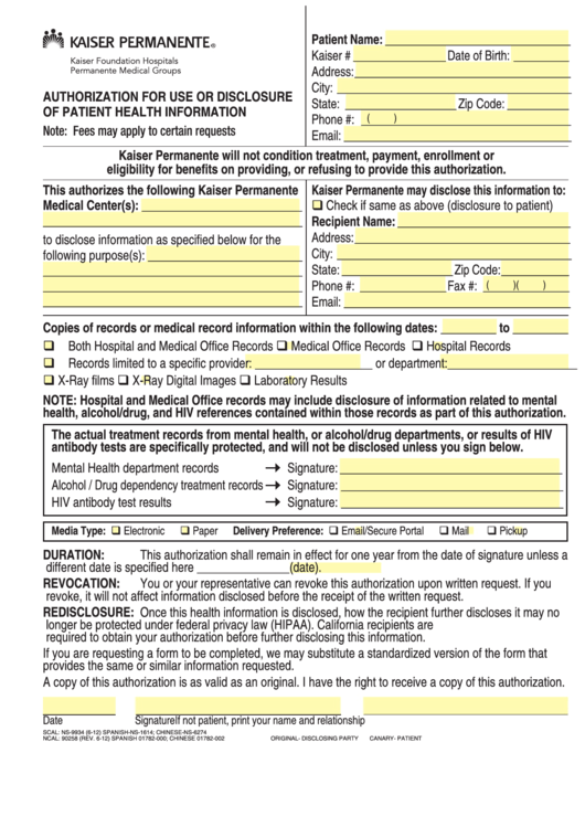 Fillable Authorization For Use Or Disclosure Of Patient Health Information Form Printable pdf