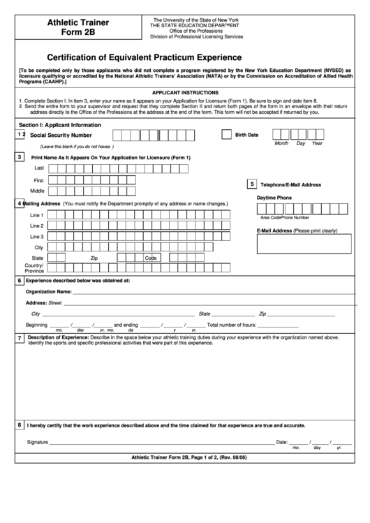 Athletic Training Form 2b - Certification Of Equivalent Practicum Experience Printable pdf