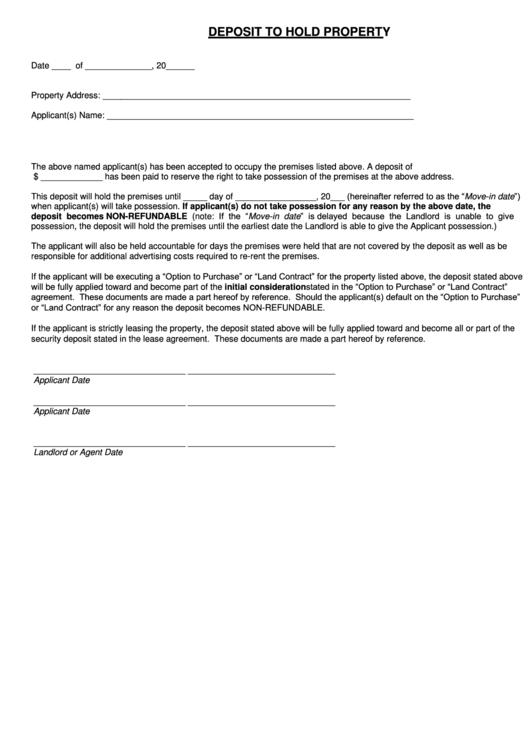 Deposit Form To Hold Property Printable pdf