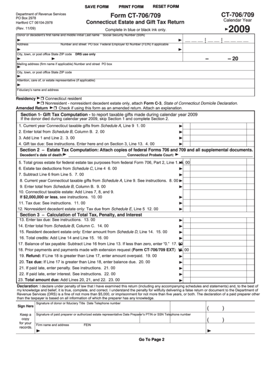 Fillable Form Ct-706/709 - Connecticut Estate And Gift Tax Return - 2009 Printable pdf