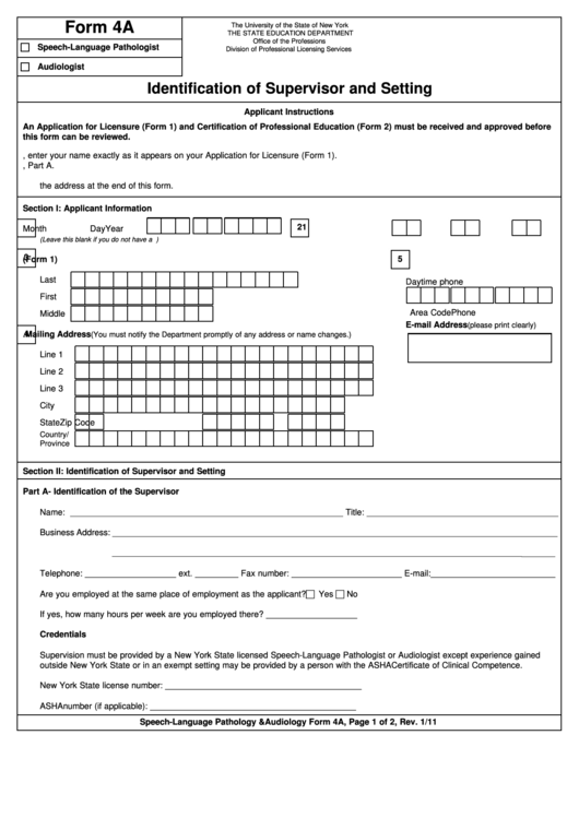Form 4a - Identification Of Supervisor And Setting Printable pdf