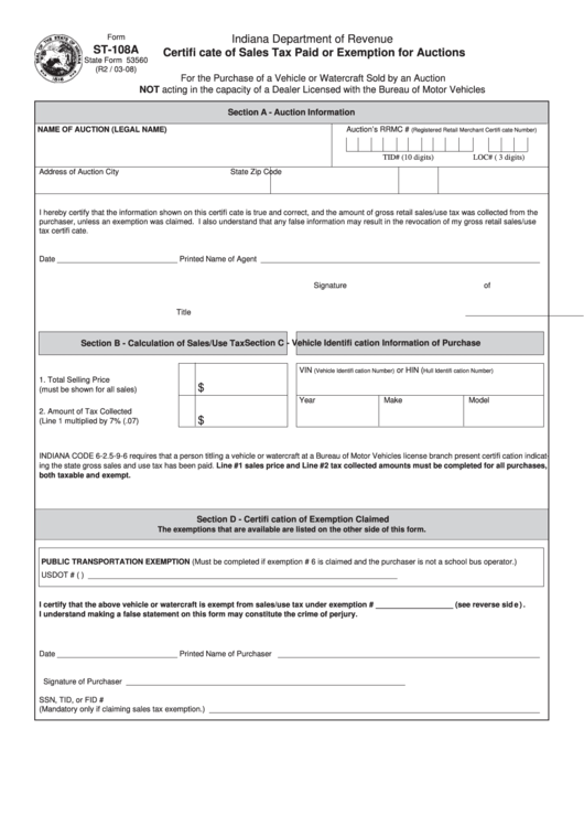 Fillable Form St-108a - Certificate Of Sales Tax Paid Or Exemption For Auctions Printable pdf