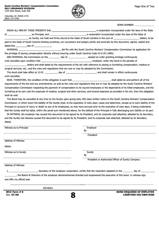 Fillable Wcc Form 8 - Bond Required Of Employer Carrying His Own Risk Printable pdf