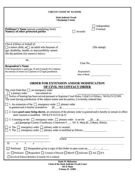 Fillable Order Form Of Extension And/or Modification Of Civil Contact Order Printable pdf
