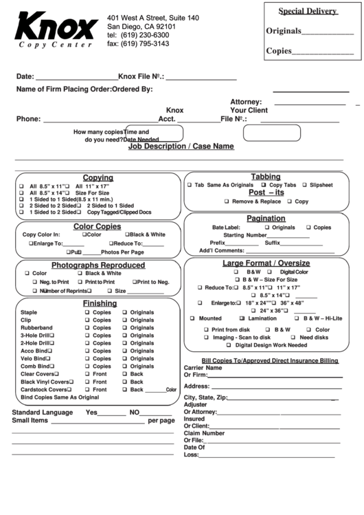 Fillable Knox Copy Center - Job Description / Case Name Printable pdf