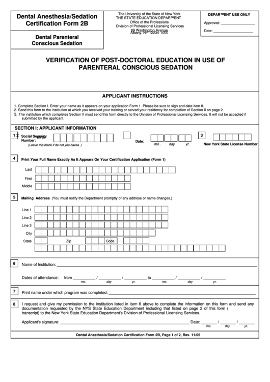 Form 2b - Verification Of Post-Doctoral Education In Use Of Parenteral Conscious Sedation Printable pdf