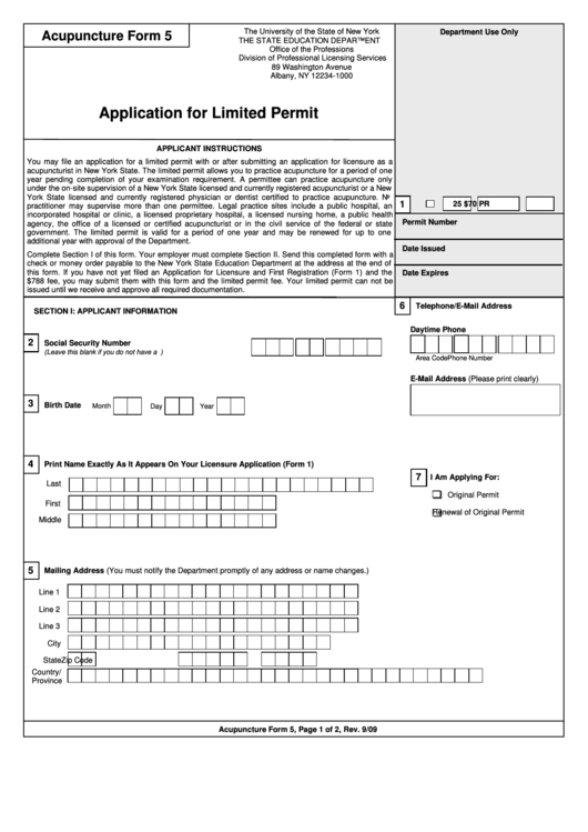 Acupuncture Form 5 - Application For Limited Permit Printable pdf