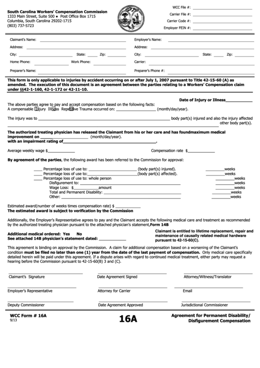 Fillable Wcc Form 16a - Agreement For Permanent Disability/ Disfigurement Compensation Printable pdf